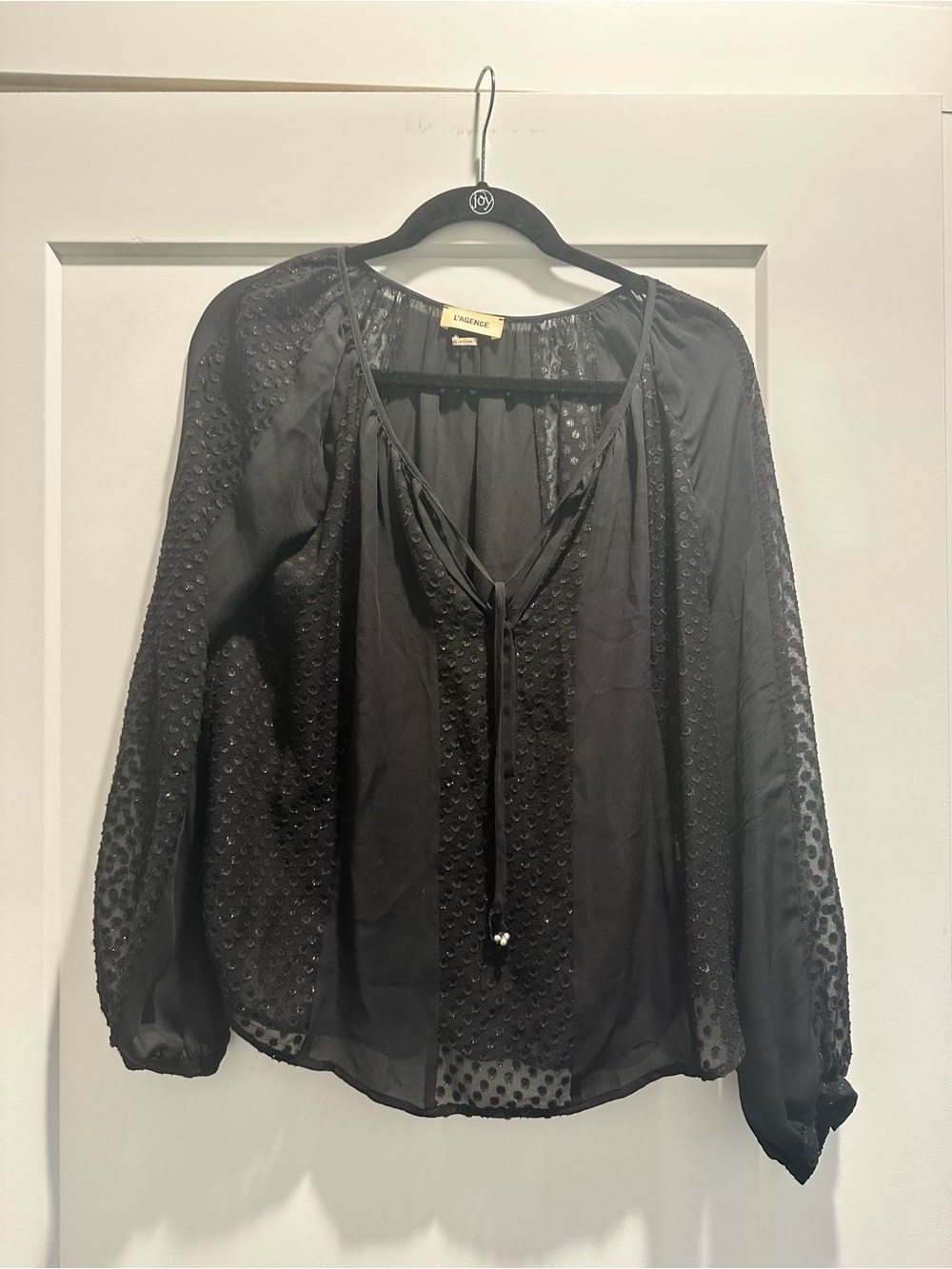 L'AGENCE Black Sheer Dot-Trim Tie-Front Blouse